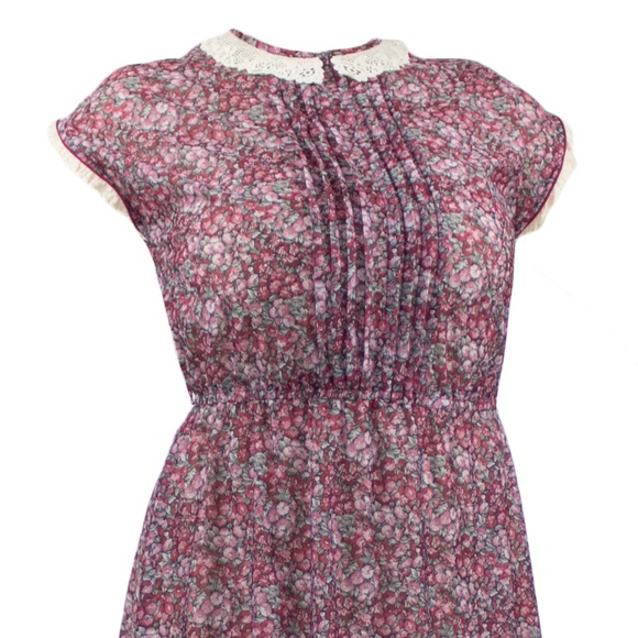 Vintage Burgundy Floral Polyester Cap Sleeve Dress - Picture 2 of 4